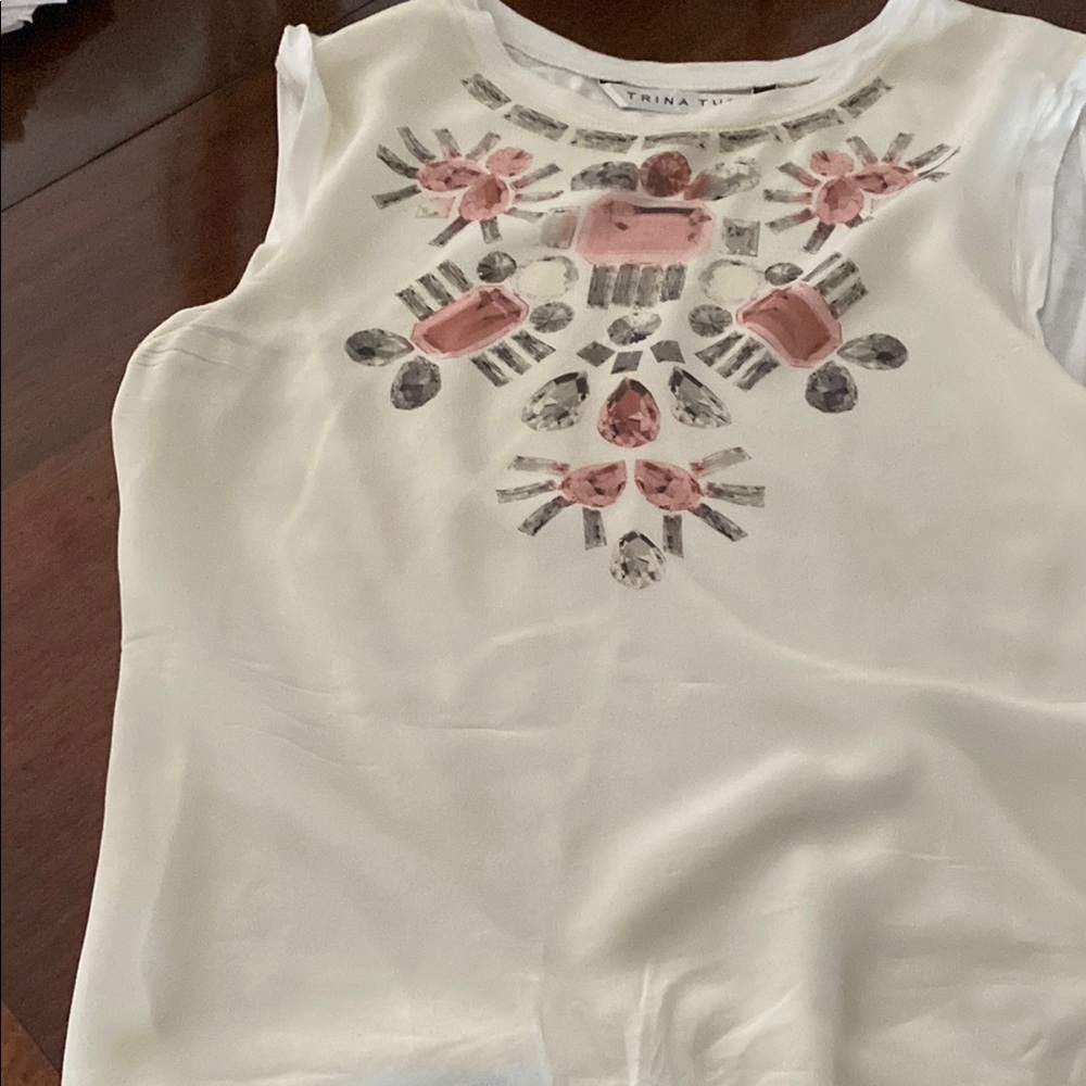 TRINA TURK White and Pink Embellished print Top